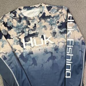 Huk Performance Fishing Shirt Mens Small Blue Icon X KC Refraction Camo Fade